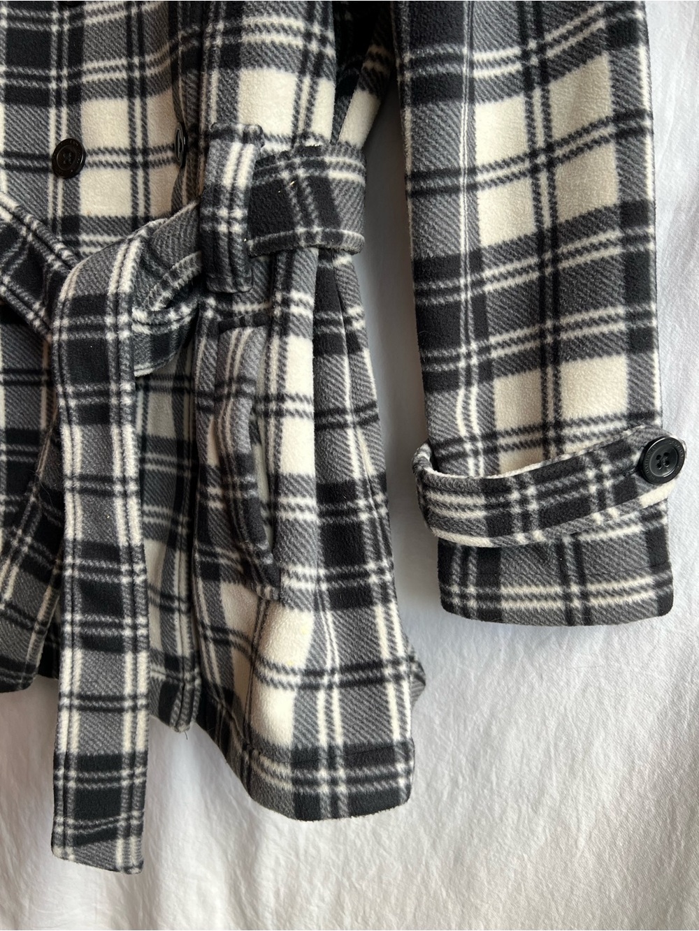 Lady Hathaway Plaid Coat Large Black White Belted Double Breasted Peacoat - Picture 3 of 9